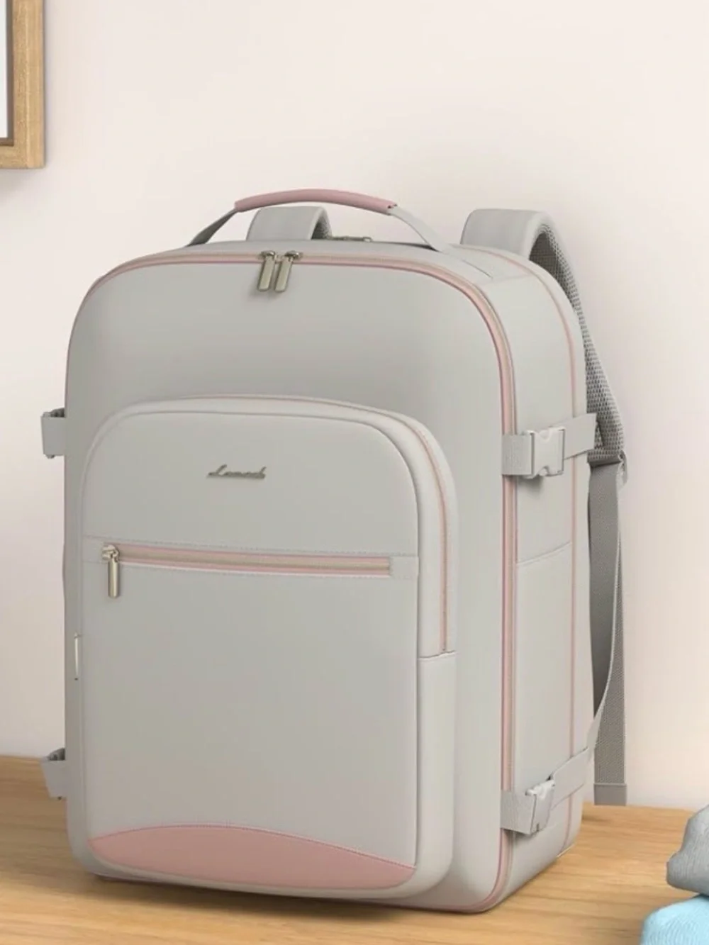 Light Gray Backpack with Blush Pink Accents